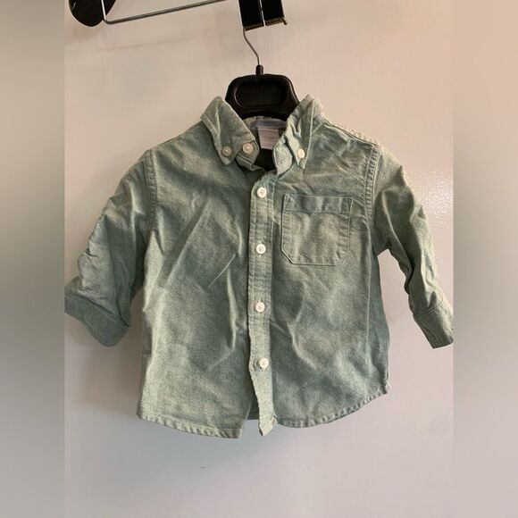 Janie and Jack Boys green  lightweight cotton button up Size 6-12 Months - Picture 1 of 8